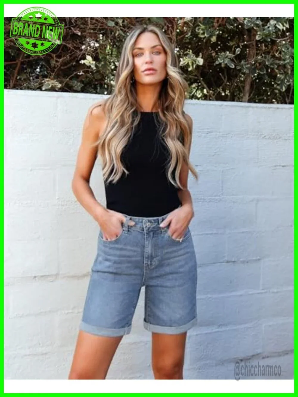 High Waisted Fold Hem Denim Shorts 7 Inch Inseam Stretchy Long Shorts - Picture 5 of 6